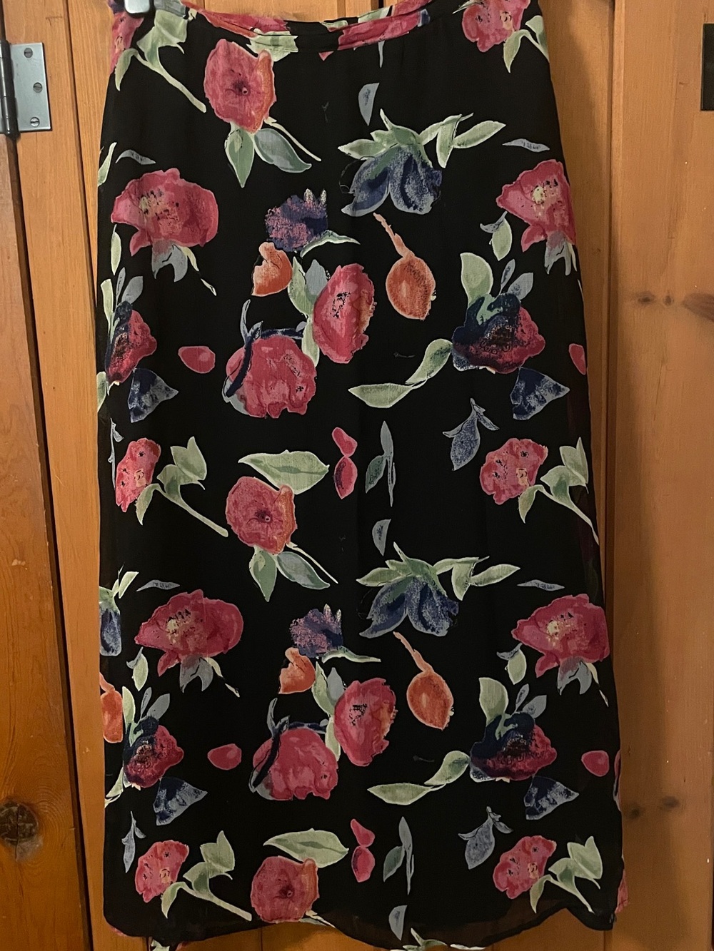 Vintage Komil Honolulu Floral Rayon Maxi Skirt Watercolor Black Pink Size L